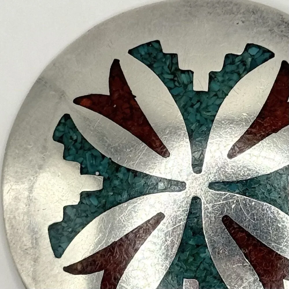 Carl Allen Begay Coral Turquoise Inlay Signed Navajo Native American Pin Brooch